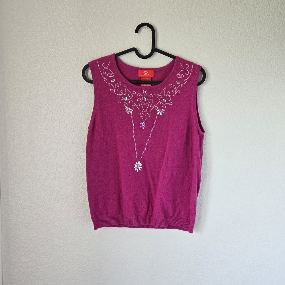Oscar de la Renta Fuchsia Embroidered Tank Top